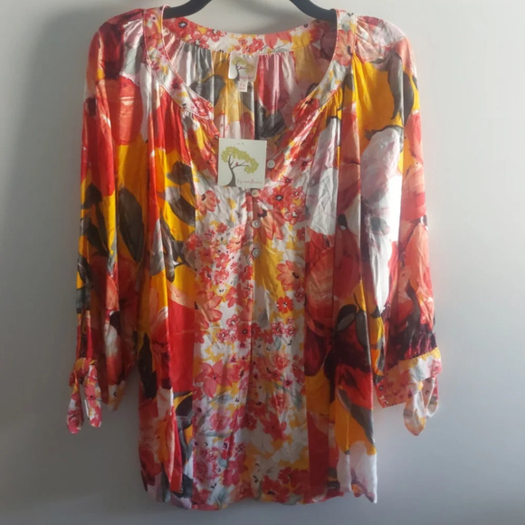 Fig and Flower Floral Bohemian Peasant Blouse top 1X Tropical Resortwear - Picture 1 of 6